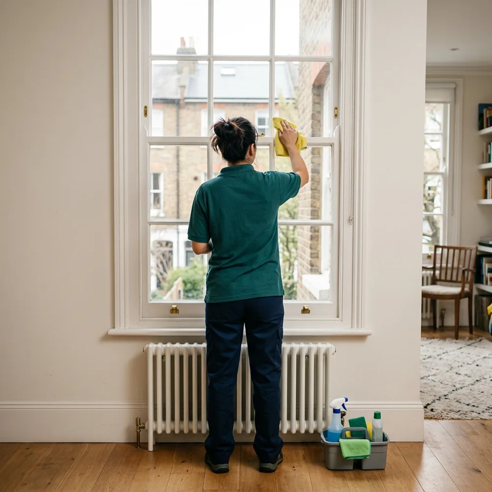 A Bella Clean cleaner wiping a sash window in a London property